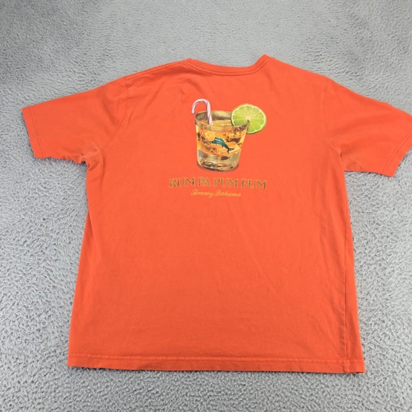 Tommy Bahama Shirt Mens Large‎ Orange Rum Pa Pum Pum Graphic Short Sleeve Marlon - Picture 1 of 10